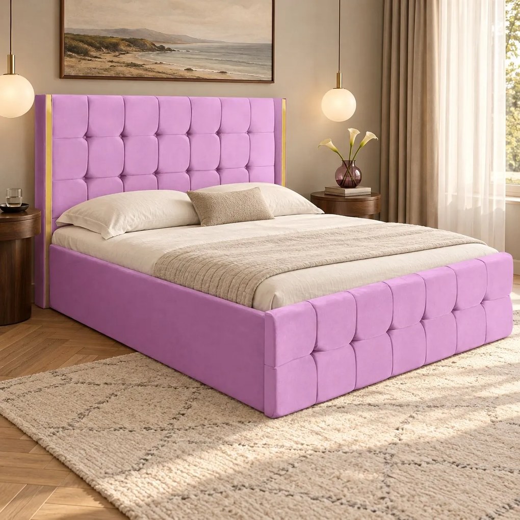 Pat tapițat din catifea Aven 200×200 cm, lila, cu ladă de depozitare