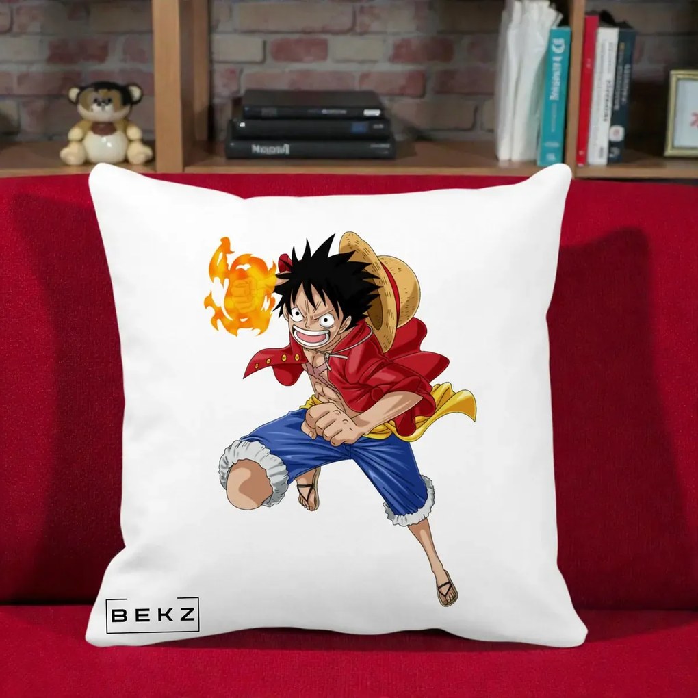 Perna Personalizata One Piece Luffy Gear Second Foc, 40x40 cm, Alba Mata, Husa Detasabila, Perna Inclusa, BEKZ®