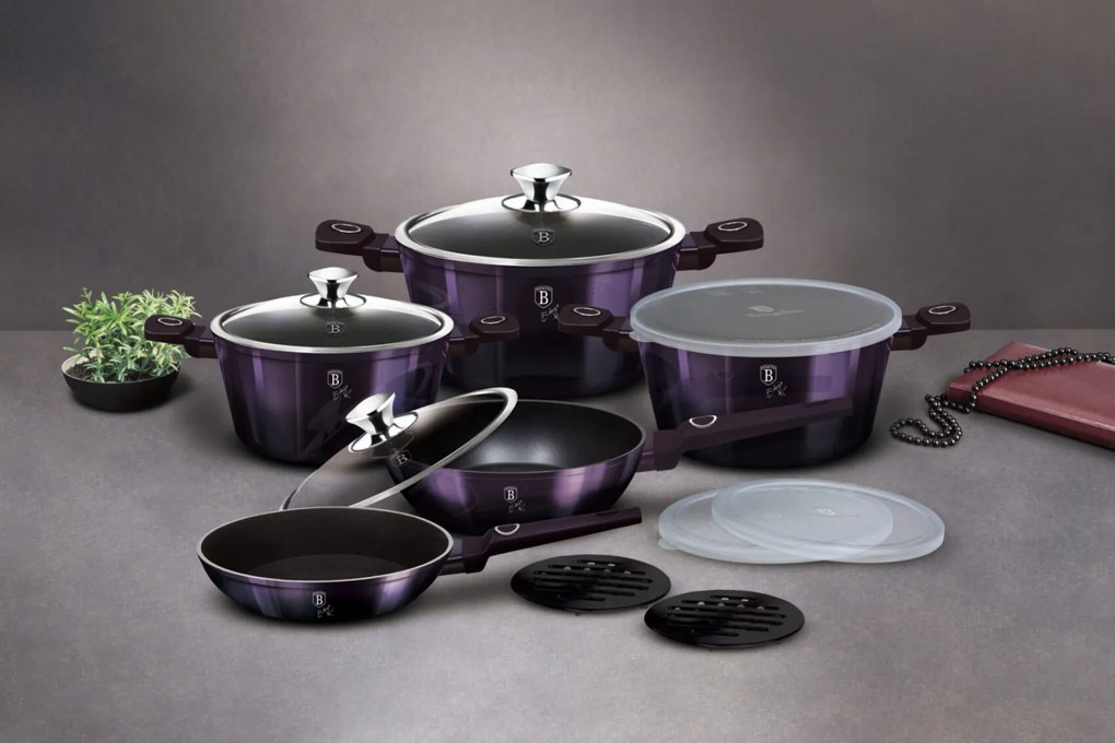 Set oale si tigai cu capace 13 piese Purple Eclipse Berlinger Haus BH 7143, strat antiaderent titan, mov, inductie