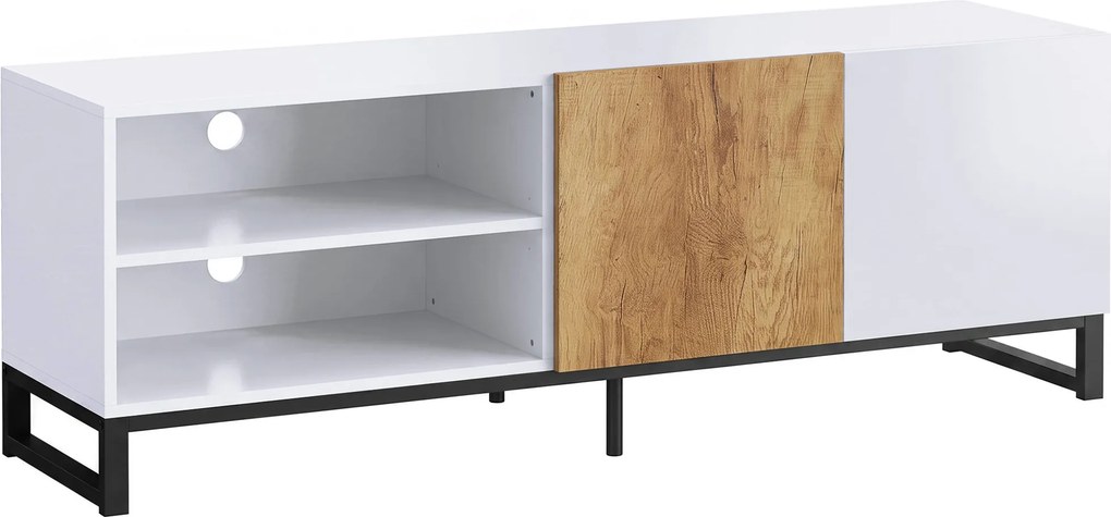 HOMCOM Comodă TV cu Rafturi Reglabile și Ușă Soft-Close, PAL și Oțel, 140x36,5x50 cm, Alb și Stejar | Aosom Romania