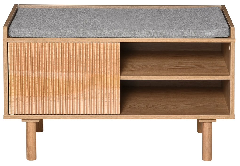 HOMCOM Mobilier Suport pentru pantofi din Lemn cu Banca capitonata, Polita si Dulapior, Culoare Naturala si Gri, 80x40x49,5 cm | Aosom Romania