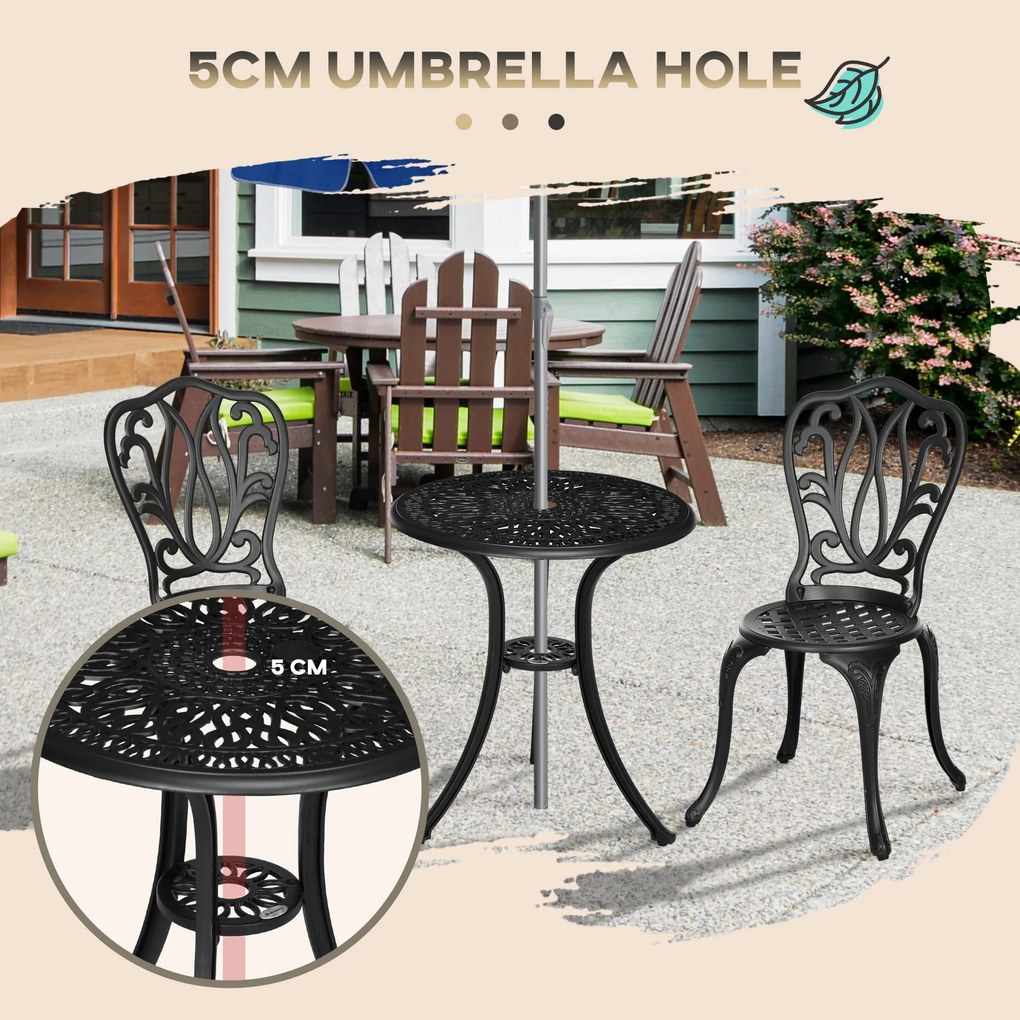 Outsunny Set de Grădină Exterior, Masă Rotundă și Scaune din Aluminiu, Masă de Bistrou cu Orificiu pentru Umbrelă, Mobilier pentru Terasă, Grădini, Verande, Balcoane, Lângă Piscină – Negru | Aosom Romania