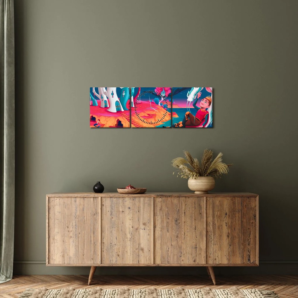 Tablou - Prinț și prințesa cu dragon (cu ceas) (90x30 cm)