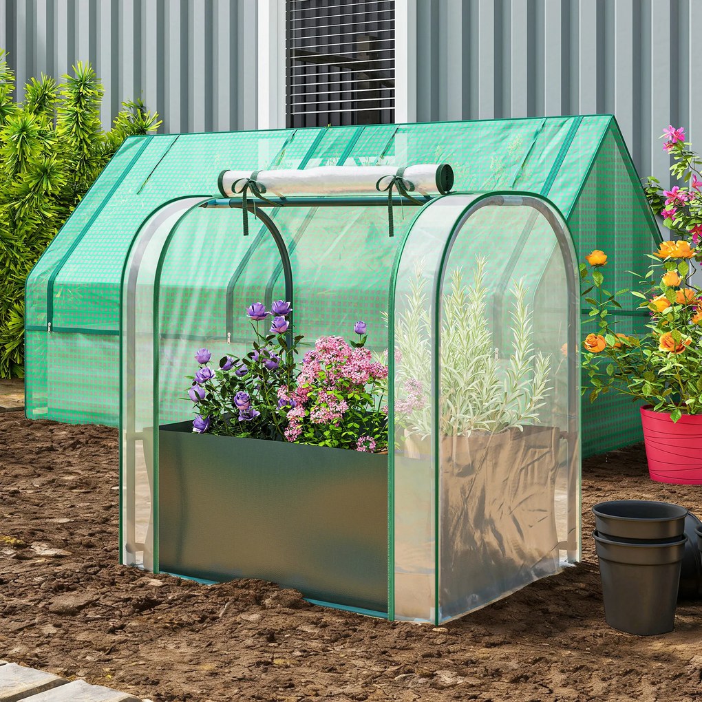 Outsunny Mini Seră de Grădină cu Sac de Plantare, Seră pentru Grădină cu Ușă Rulabilă, Structură din Oțel, Acoperire din Plastic, pentru Legume, Flori, Plante, Verde Închis | Aosom Romania