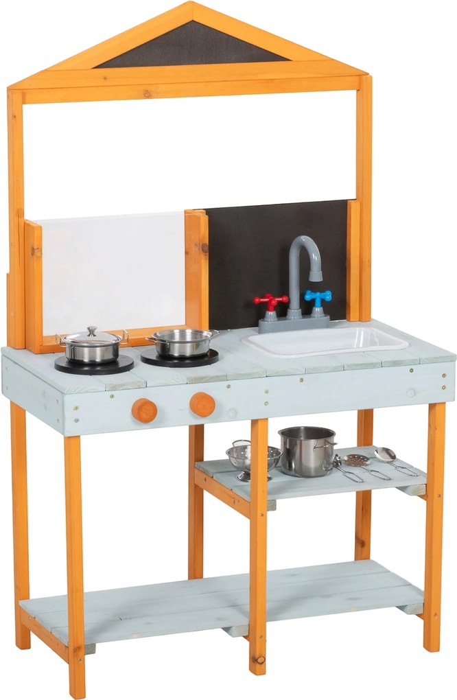 AIYAPLAY Bucătărie de noroi pentru copii, bucătărie de joacă din lemn pentru exterior cu plită, chiuvetă detașabilă, rafturi pentru copii 3-8 ani, Albastru deschis | Aosom Romania