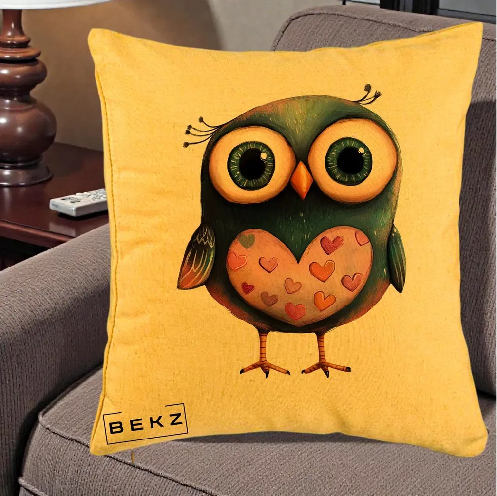 Perna Decorativa Bufnita cu Inimioare Roz, 40x40 cm, Galben, Husa Detasabila, Perna Inclusa, BEKZ®