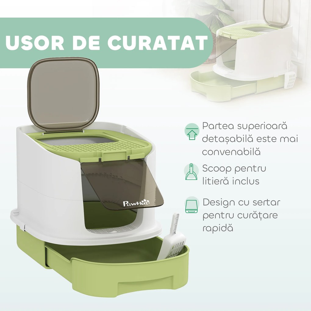 PawHut Litieră pentru Pisici Închisă cu 2 Uși, Tavă și Deodorizant, Verde | Aosom Romania