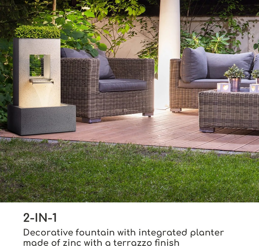 Blumfeldt Bloomingstone, fântână, fântână de grădină, fântână decorativă, 20 W, pompă, zinc, LED