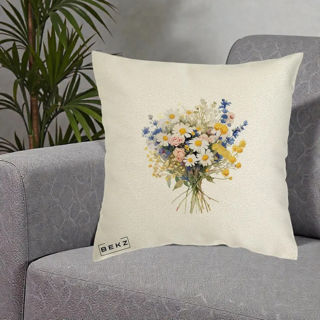 Perna Decorativa Buchet Camp Acuarela Margarete-Lavanda, 40x40 cm, Ecru, Husa Detasabila, Perna Inclusa, BEKZ®