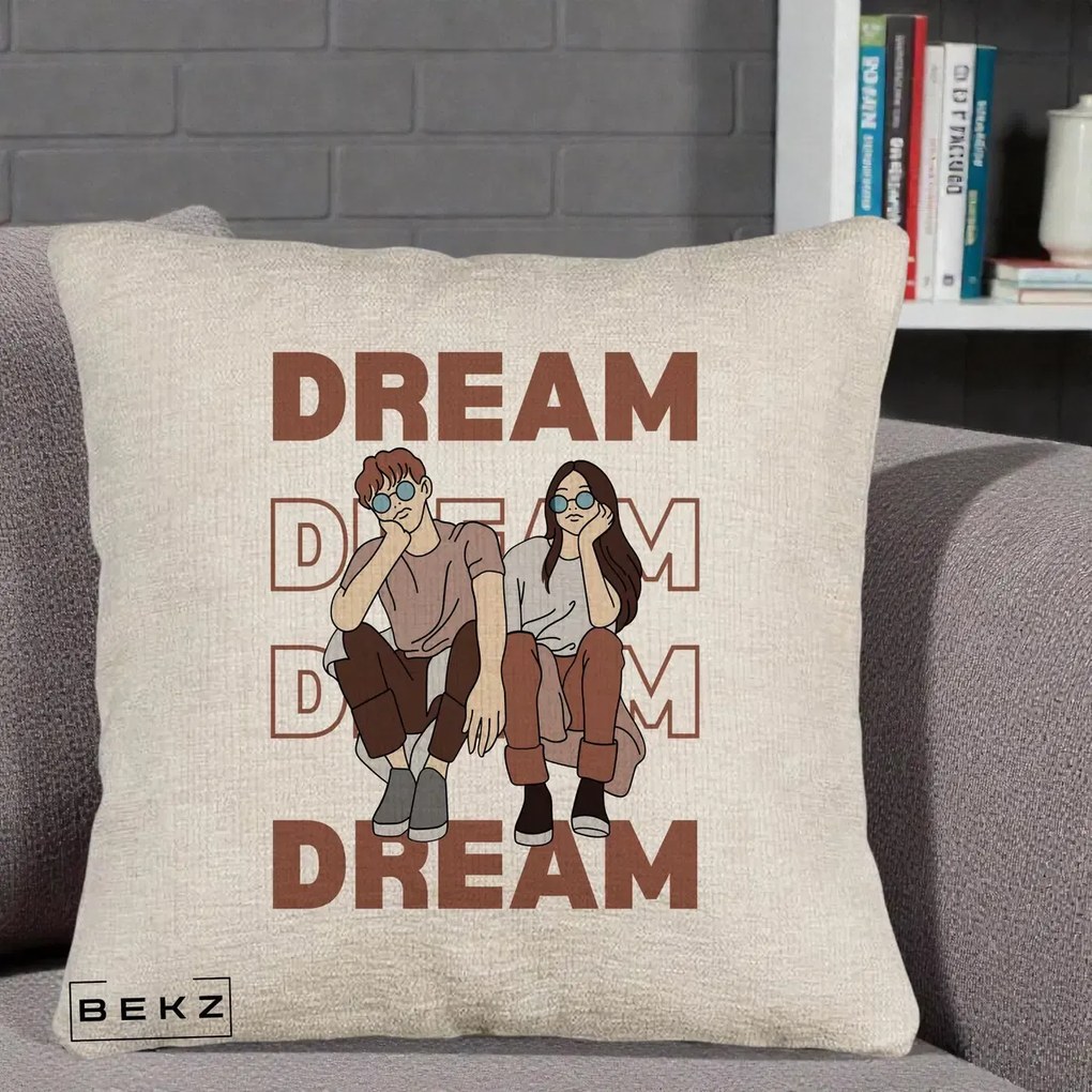 Perna Decorativa Dream Couple Aesthetic, 40x40 cm, Bej Canapea, Husa Detasabila, Perna Inclusa, BEKZ®