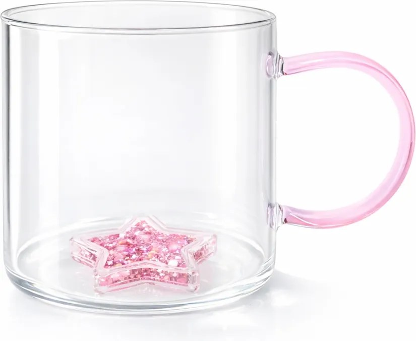 Cană cu model 3D steluță roz, pereți dubli, sticlă borosilicată și inserție de sclipici, 300 ml, Aurora Glow