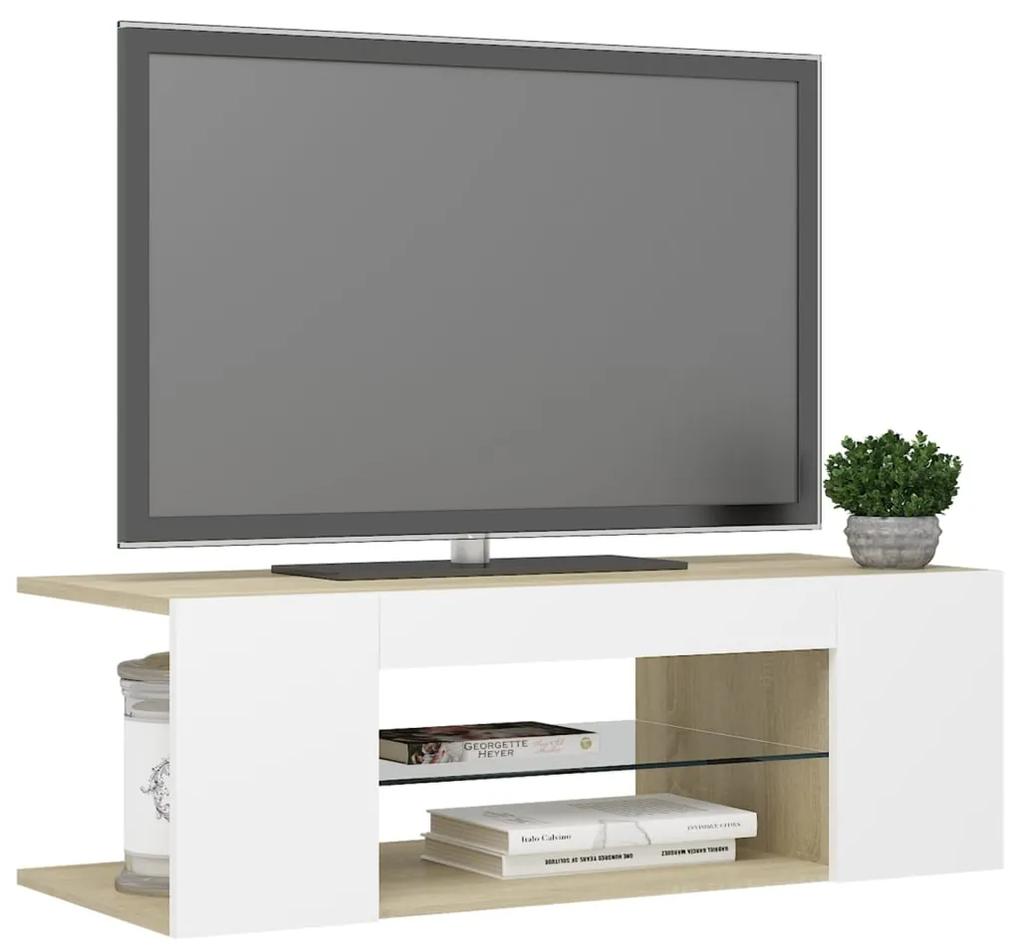 Comoda TV cu lumini LED, alb si stejar Sonoma, 90x39x30 cm 1, alb si stejar sonoma