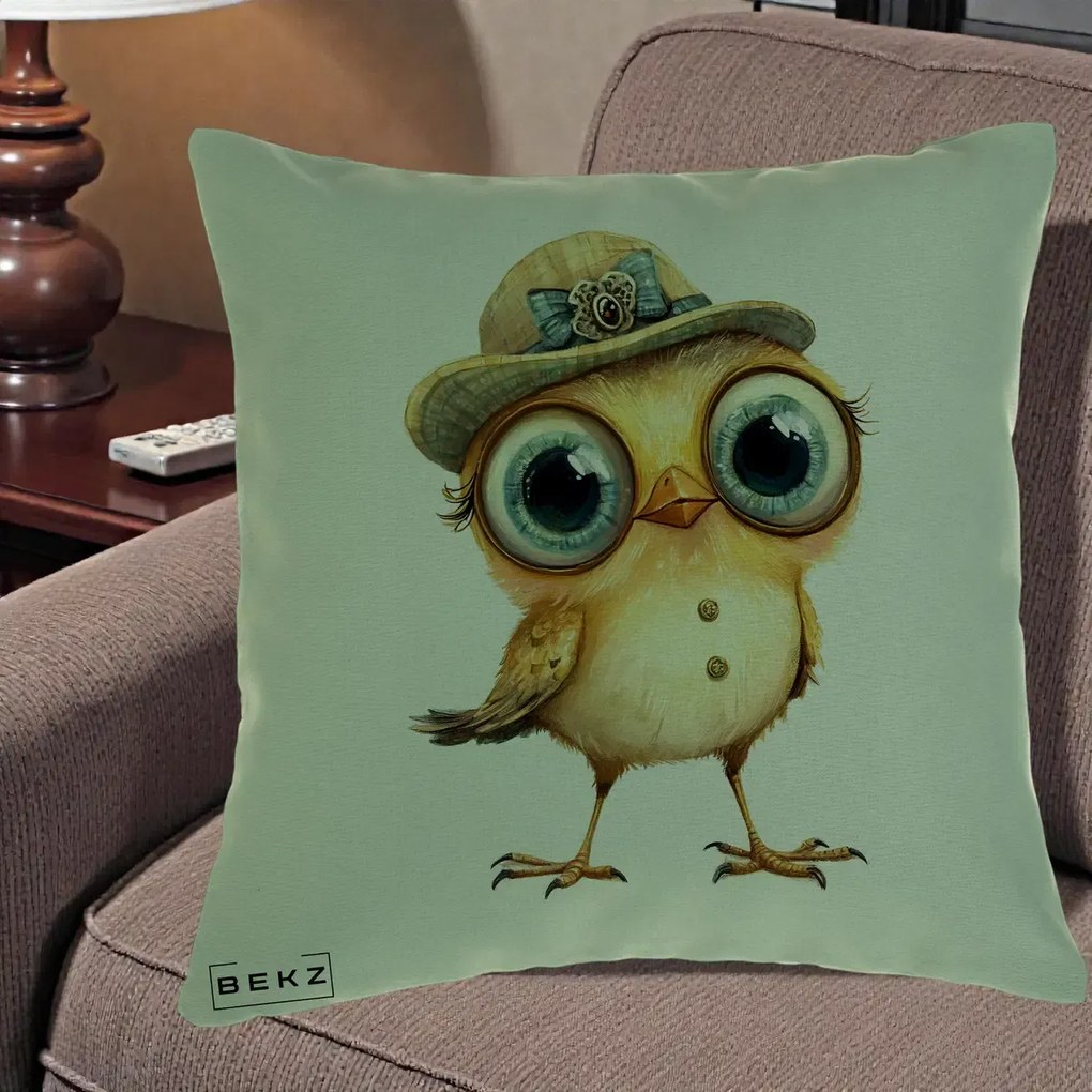 Perna Decorativa Pui Elegant cu Palarie Teal, 40x40 cm, Verde, Husa Detasabila, Perna Inclusa, BEKZ®