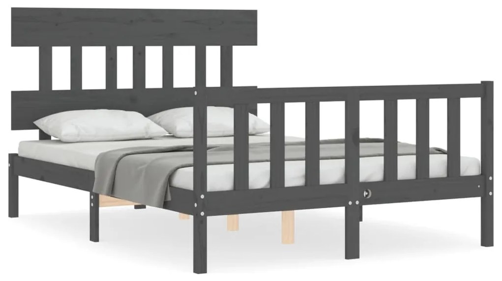 3193313 vidaXL Cadru de pat cu tăblie, dublu, gri, lemn masiv