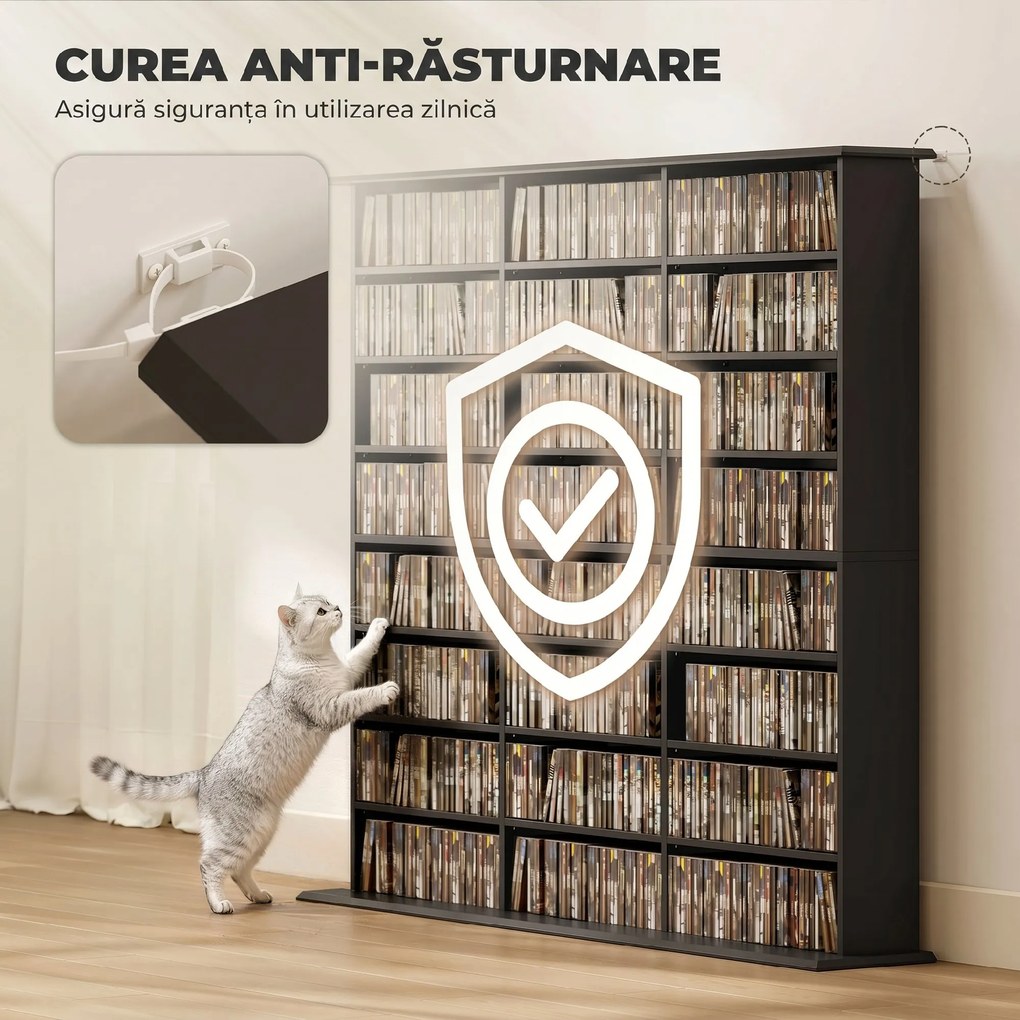HOMCOM Dulap Suport Cd/dvd, Bibliotecă Con 8 Rafturi E 18 Rafturi Regolabili, Negru | Aosom Romania