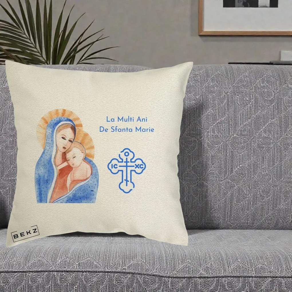 Cadou de Onomastica - Perna Personalizata Sfanta Marie Icoana Acuarela, 40x40 cm, Ecru, Husa Detasabila, Perna Inclusa, BEKZ®
