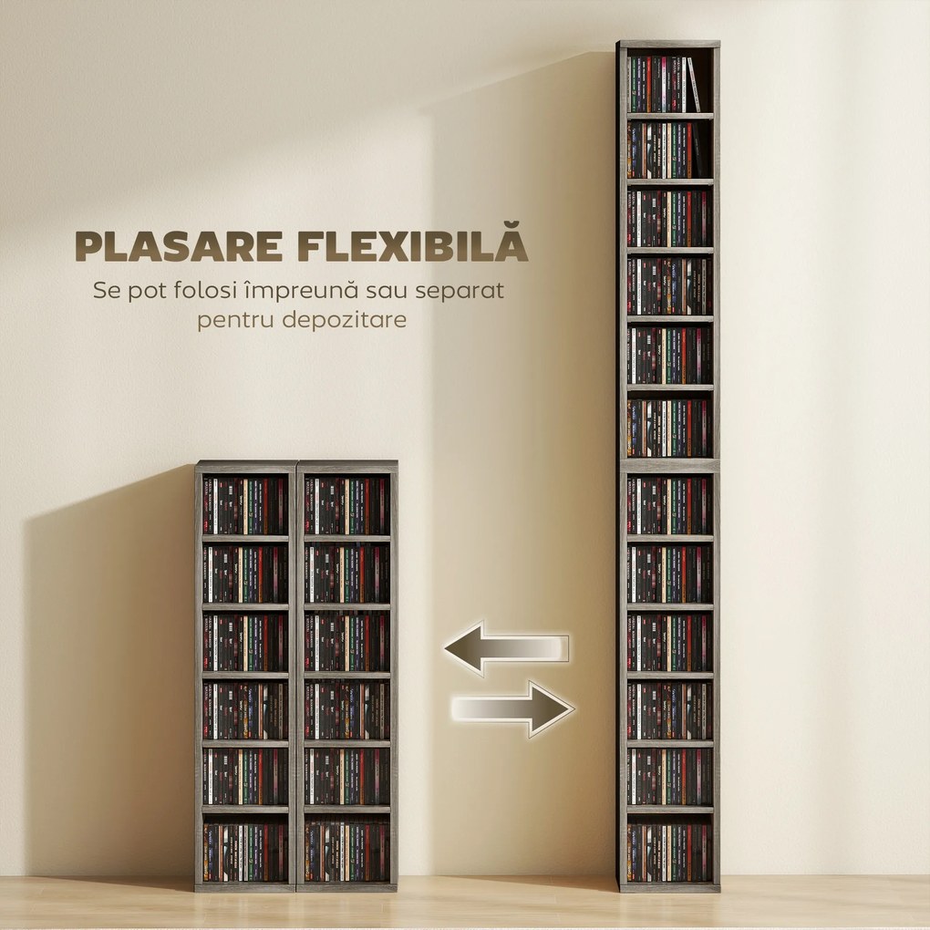 HOMCOM Set de 2 Dulapuri pentru CD-uri cu Polițe Reglabile, Raft pentru 204 CD-uri Economisitor de Spațiu, Dulap Media cu 12 Compartimente, pentru Living, Dormitor, Birou, 21x22,5x88,5cm, Gri Antichizat | Aosom Romania