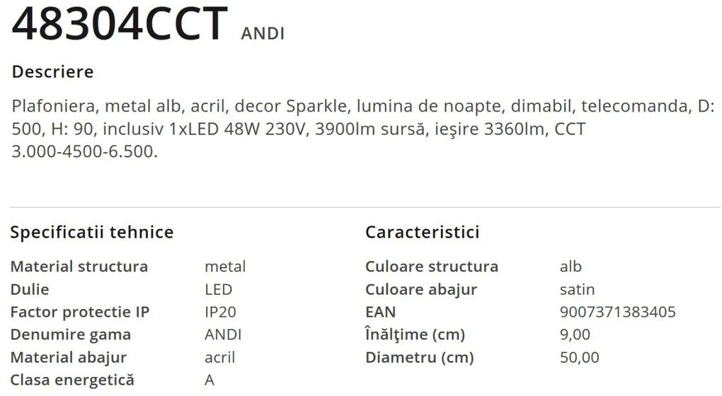 Plafoniera LED cu telecomanda 50cm ANDI 48304CCT GL