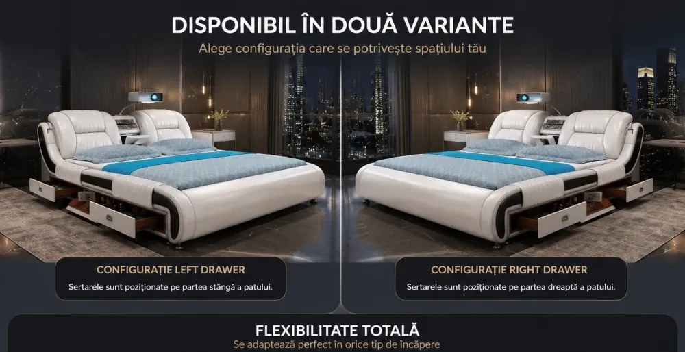 MOB05 Premium 160x200 cm Beige Left Drawer – Pat Inteligent Premium cu Proiector, Purificator de Aer, Vibromasaj, Boxe Bluetooth, Seif Integrat și Spații de Depozitare