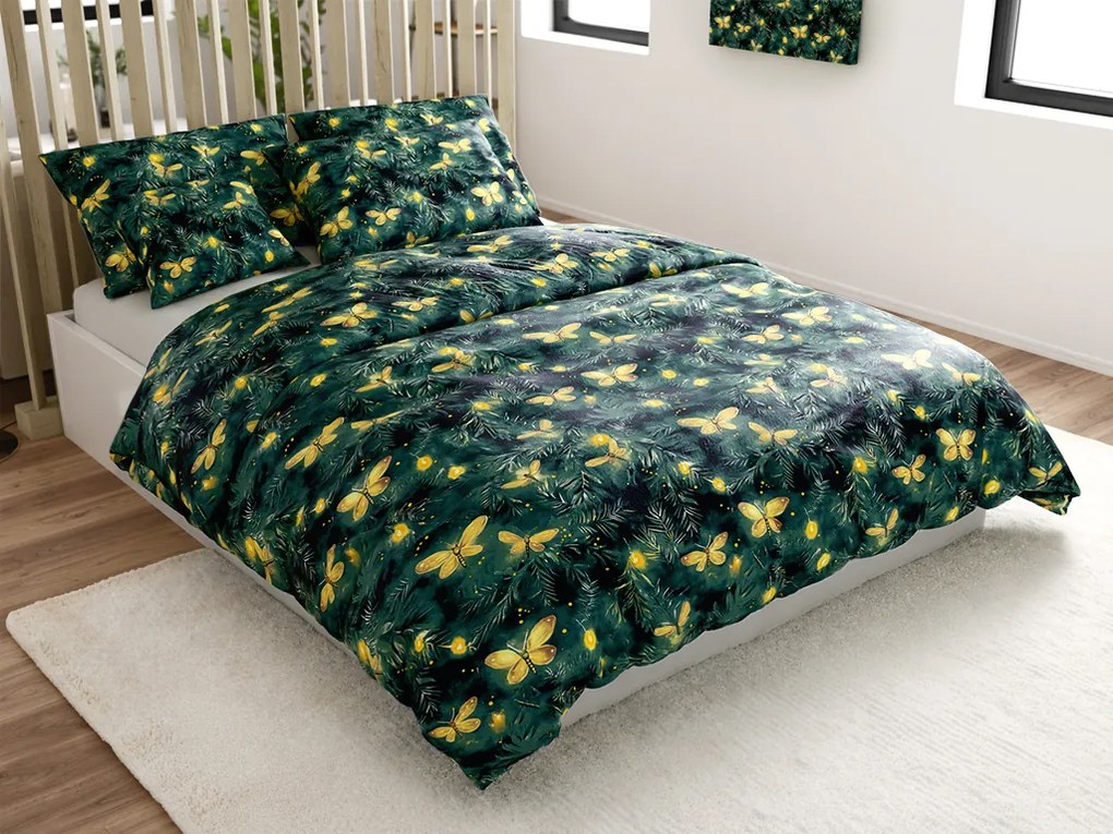 Set Lenjerie cocolino YELLOW BUTTERFLY verde inchis + Cearsaf cocolino microplus cu elastic SOFT 180x200 cm alb, pat dublu