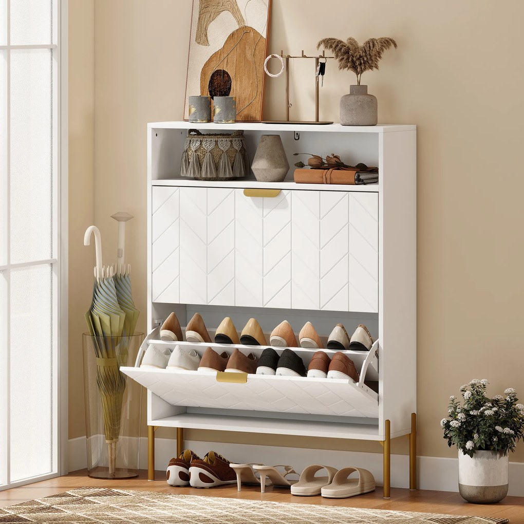 HOMCOM Dulap pentru pantofi 16 perechi, dulap îngust cu 2 sertare rabatabile, compartiment deschis, alb | Aosom Romania