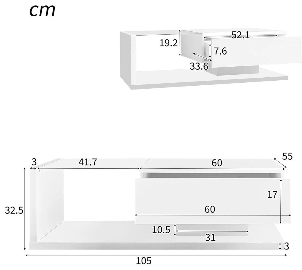 Măsuță de Cafea Modernă cu Raft din Sticlă și Efecte LED, 105x55x32,5 cm, Alb