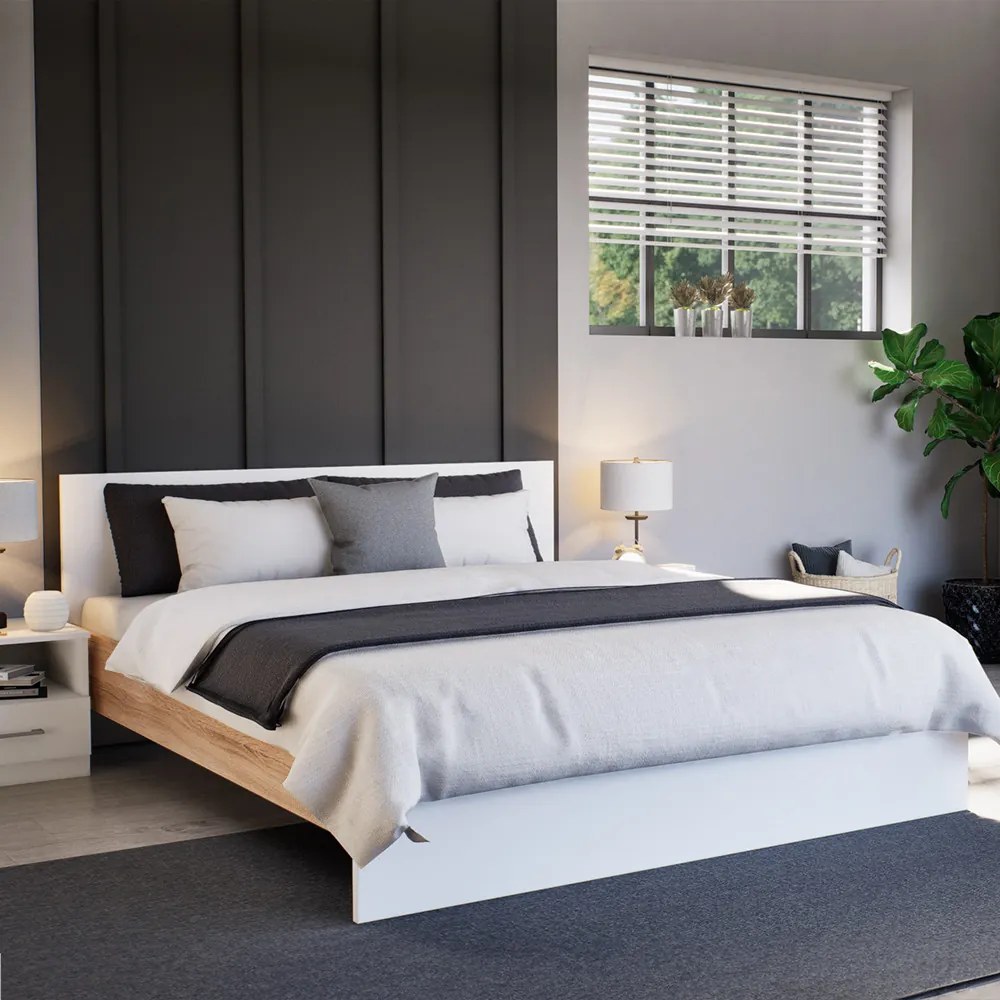 Pat dublu Miami fără cadru 160x200 cm alb-stejar sonoma