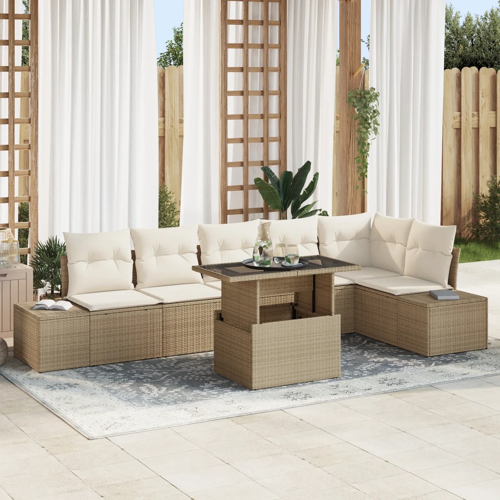 vidaXL Set de mobilier de grădină cu 7 piese, cu perne, bej, din rattan