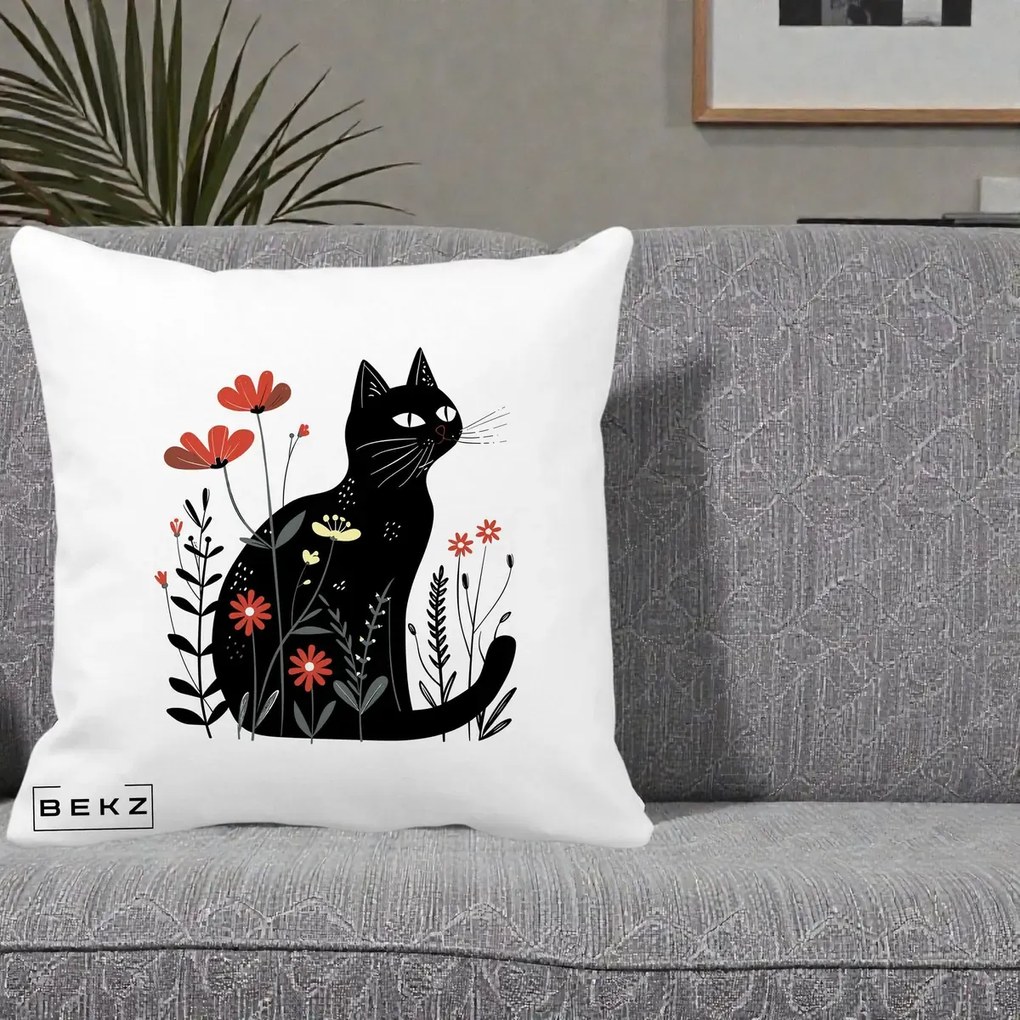 Perna Decorativa Pisica Neagra Flori Rosii Folk, 40x40 cm, Alba Mata, Husa Detasabila, Perna Inclusa, BEKZ®