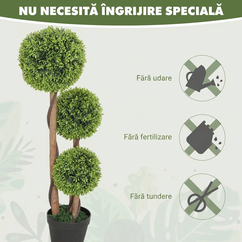 HOMCOM Set 2 Plante Artificiale de Buxus cu 3 Sfere, cu Ghiveci și Fund Întărit, Înălțime 90 cm, pentru Interior și Exterior | Aosom Romania