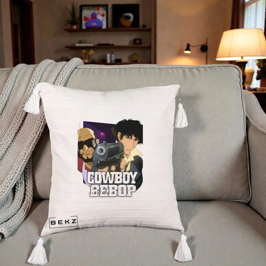 Perna Personalizata Cowboy Bebop Spike si Jet Poster, 40x40 cm, Bej cu Franjuri, Husa Detasabila, Perna Inclusa, BEKZ®