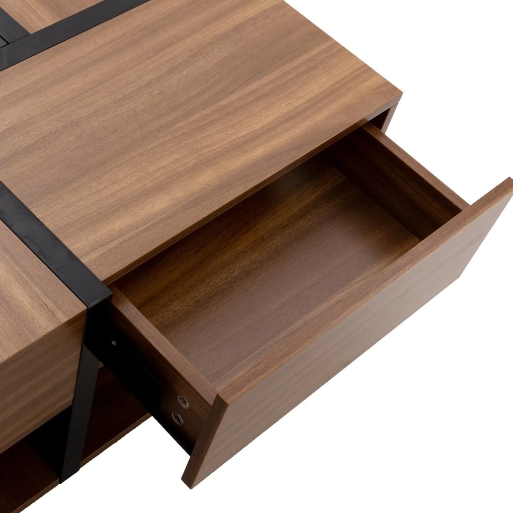 Masă de cafea cu 4 sertare, design unic de culori și linii, spațiu de depozitare inferior, 78×78×36 cm, Natural