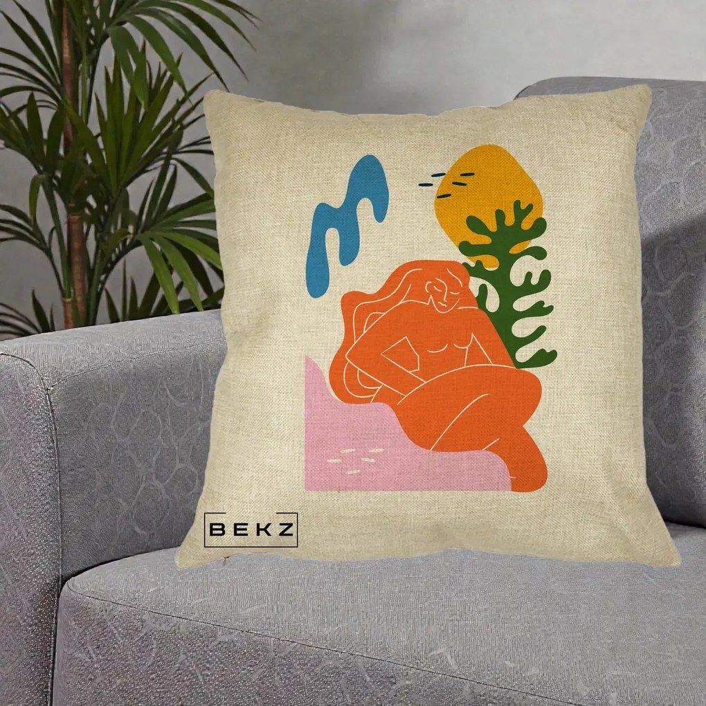 Perna Decorativa Femeie Portocalie Relaxata, 40x40 cm, Crem, Husa Detasabila, Perna Inclusa, BEKZ®
