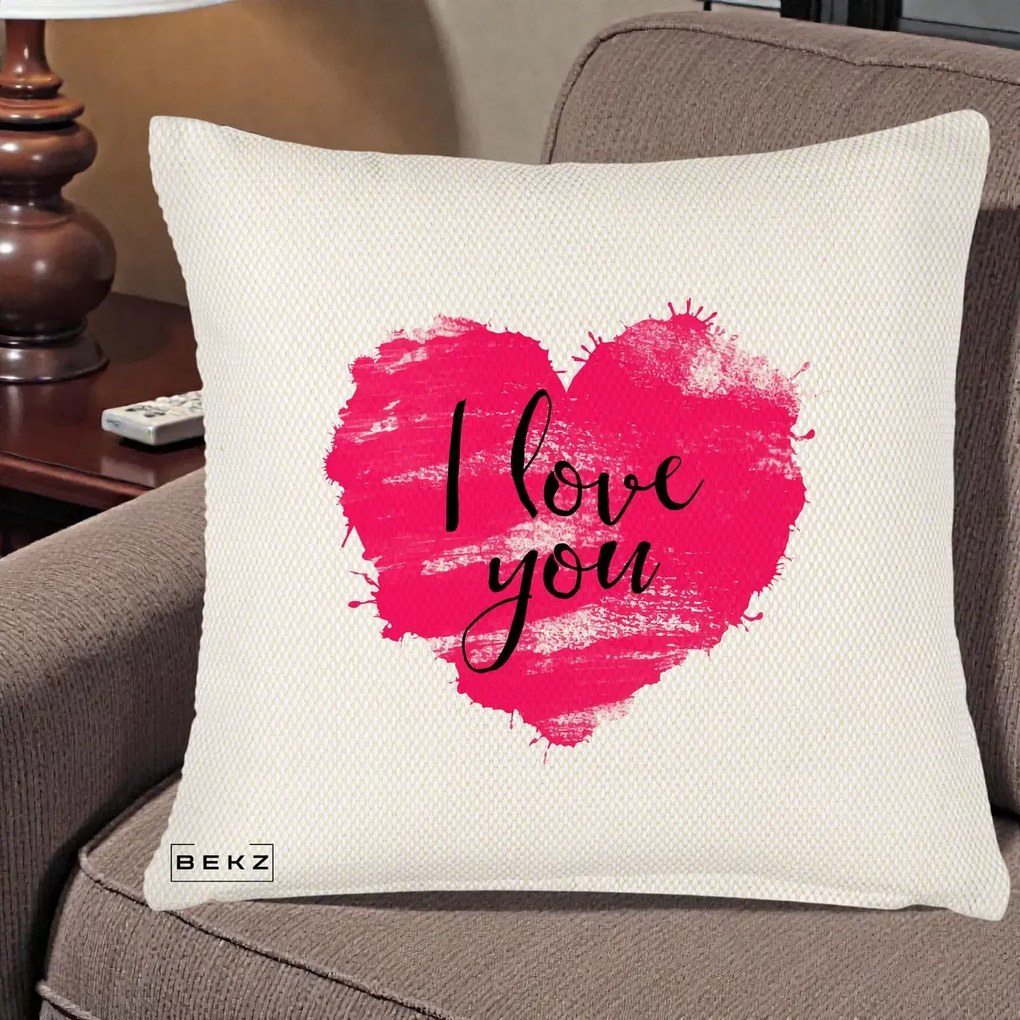 Cadou Romantic - Perna Personalizata I Love You Inima Roz, 40x40 cm, Crem Reliefat, Husa Detasabila, Perna Inclusa, BEKZ®