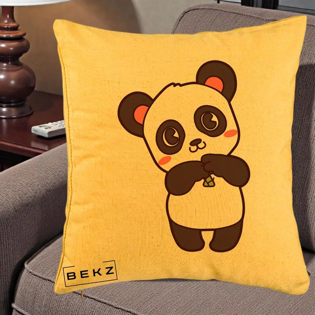Perna Personalizata Panda Kawaii cu Bambus, 40x40 cm, Galben, Husa Detasabila, Perna Inclusa, BEKZ®
