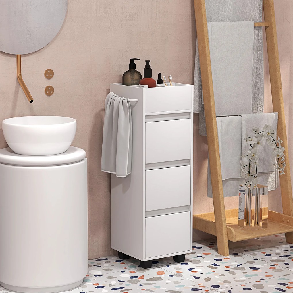 HOMCOM Mobilier de depozitare pentru baie cu 4 compartimente, 3 sertare și suport pentru prosoape, dim. 35 x 30 x 90 cm, alb | Aosom Romania