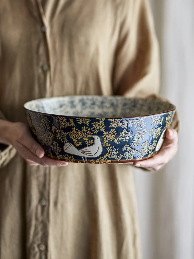 Bol mare din ceramică stoneware pictat manual cu păsări și motive florale, D28xH9 cm, 3350 ml, „Hezha"