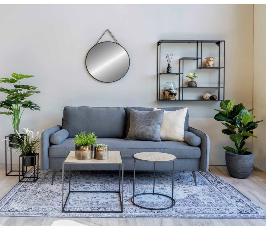 Oglindă Trapani oțel/piele artificială, neagră, ø60 cm