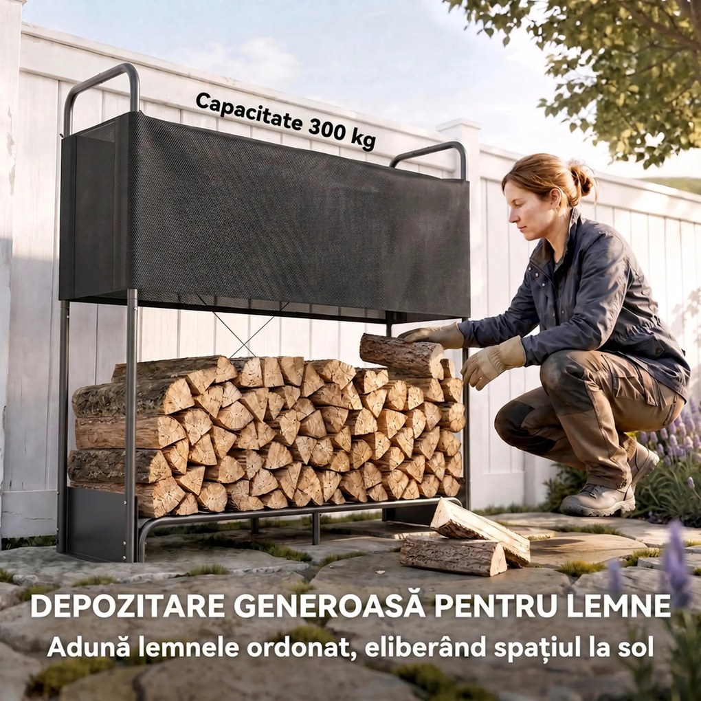 Outsunny Suport pentru Lemne de Foc pentru Interior și Exterior, Oțel Galvanizat cu Husă Oxford, 132x38x118 cm, Negru | Aosom Romania