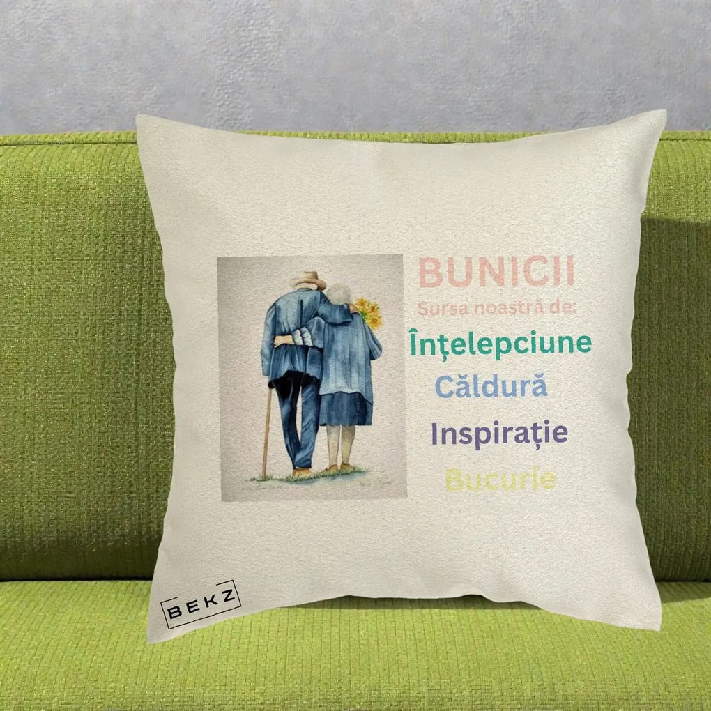 Cadou pentru Bunici - Perna Personalizata Bunicii Sursa Intelepciune Caldura Acuarela, 40x40 cm, Ecru, Husa Detasabila, Perna Inclusa, BEKZ®
