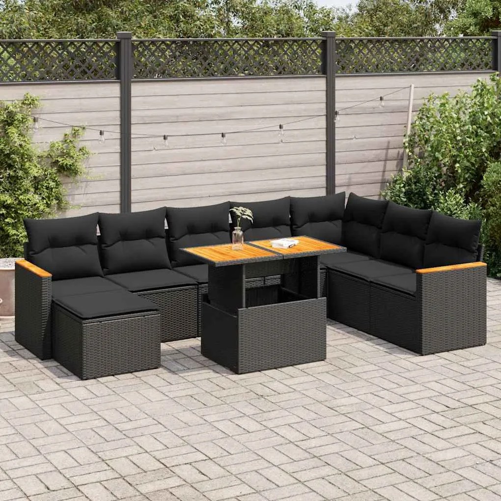 3327520 vidaXL Set mobilier grădină perne 9 piese negru poliratan/lemn acacia