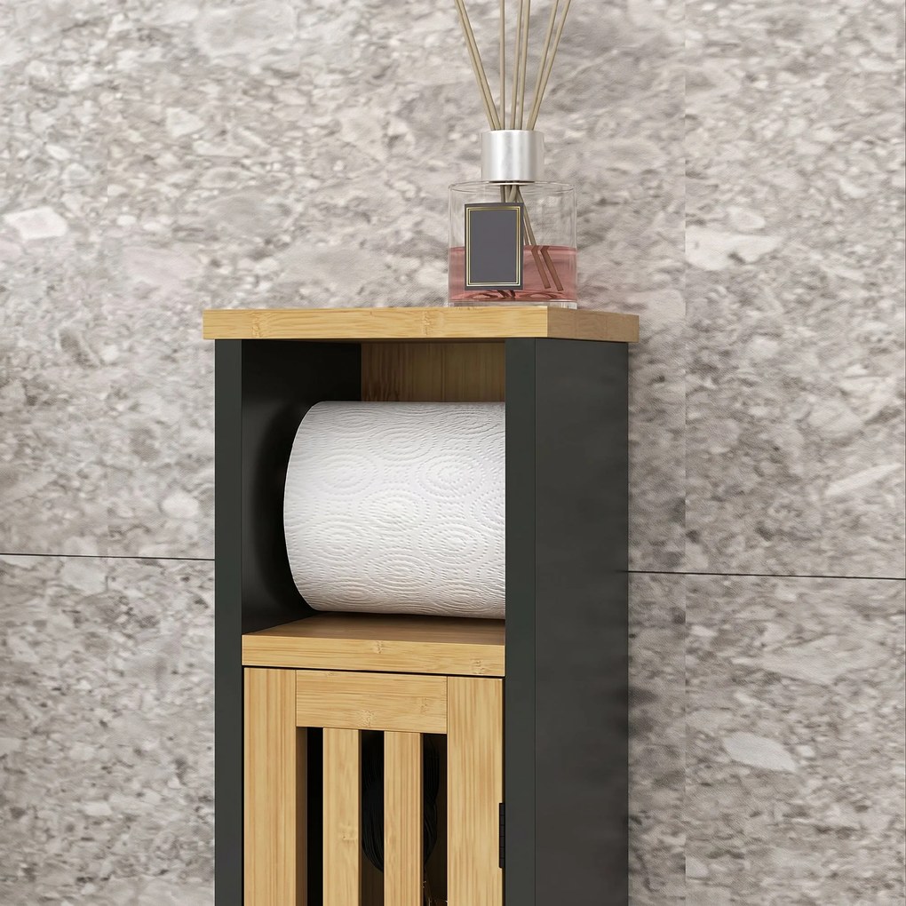 HOMCOM Dulap de Baie Subțire din Bambus, Dulap de Depozitare cu Bară Detașabilă, Raft Reglabil și Ușă, 18x18x75 cm, Negru | Aosom Romania
