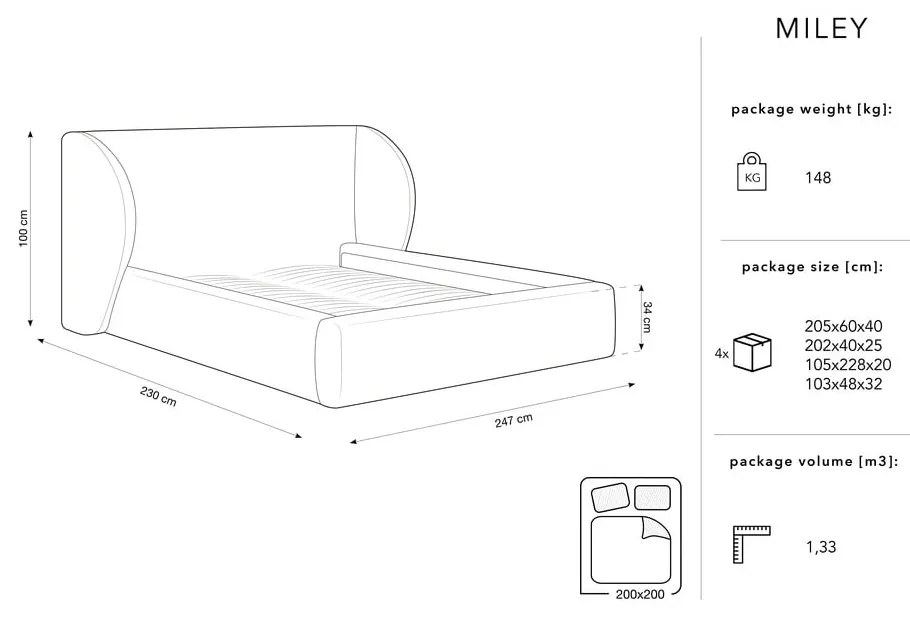 Pat dublu bej tapițat cu spațiu de depozitare și somieră 200x200 cm Miley – Micadoni Home