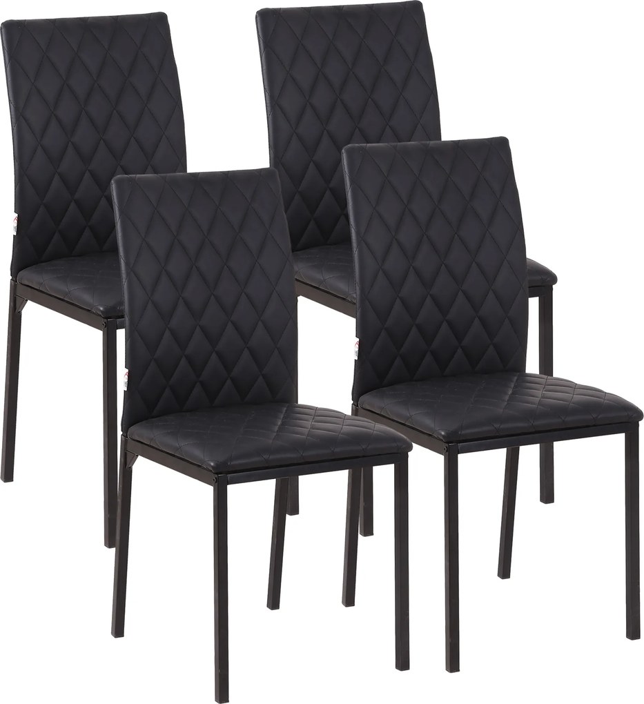 HOMCOM Set de 4 Scaune din Piele Ecologică cu Cusături Romboidale și Picioare din Oțel, 41x50x91 cm, Negru | Aosom Romania