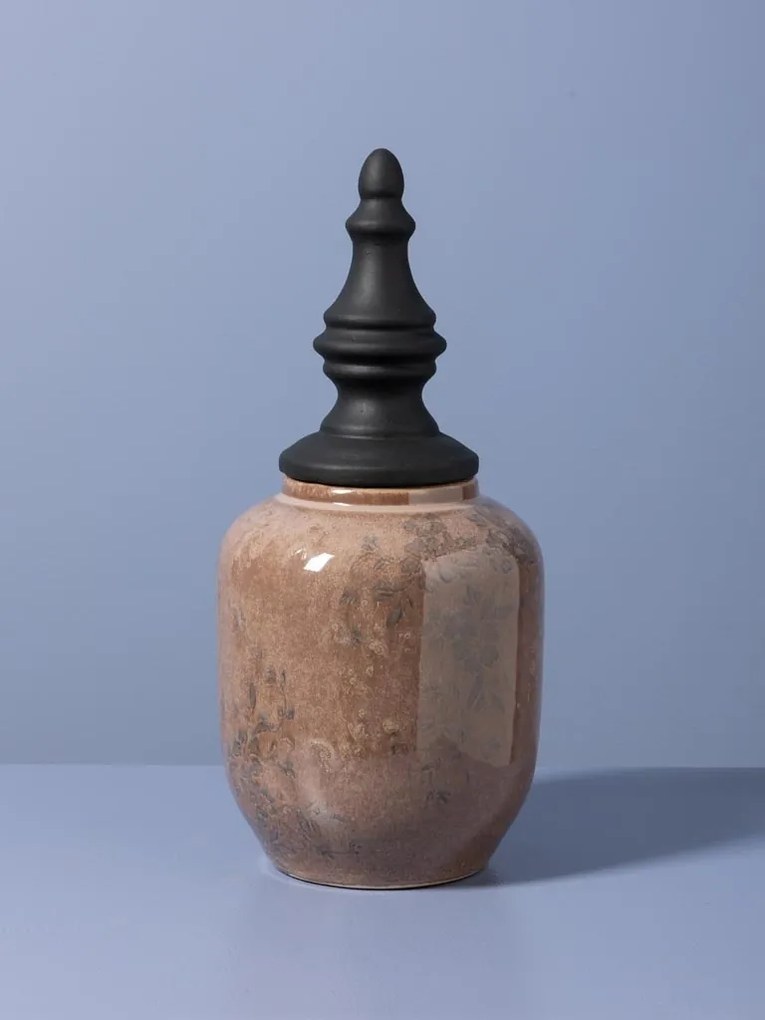 Borcan decorativ din ceramică artizanală roz cu capac negru sculptat, formă ovală, finisaj lucios, 38,5×13 cm, „Rosaire"