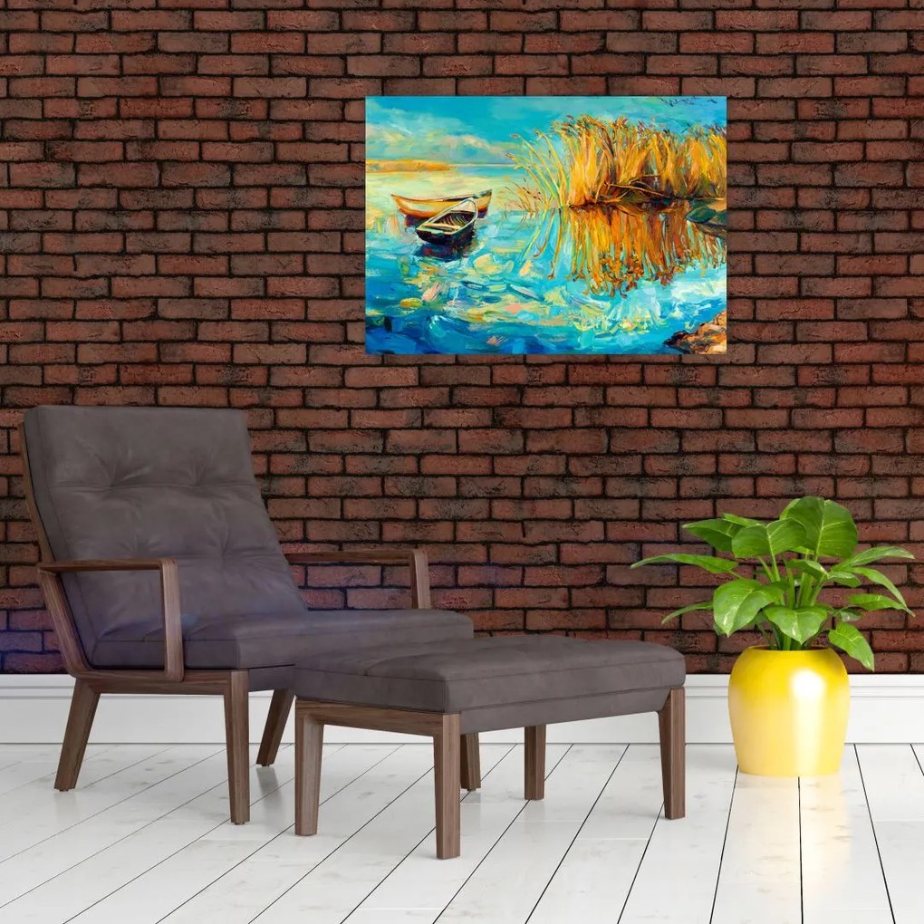 Tablou pe sticlă - Lacul cu bărci (70x50 cm)