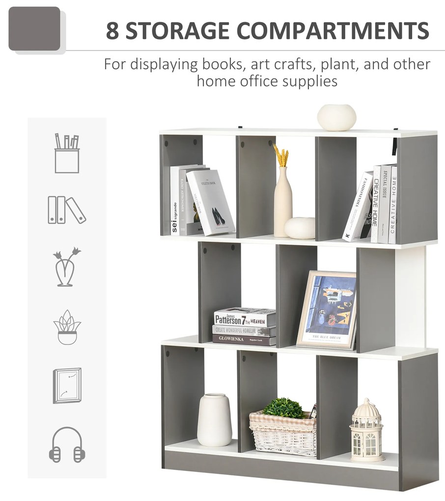 HOMCOM Bibliotecă Mobilă cu 8 Rafturi pentru Sufragerie și Dormitor, 100x24x124 cm, Gri Închis | Aosom Romania