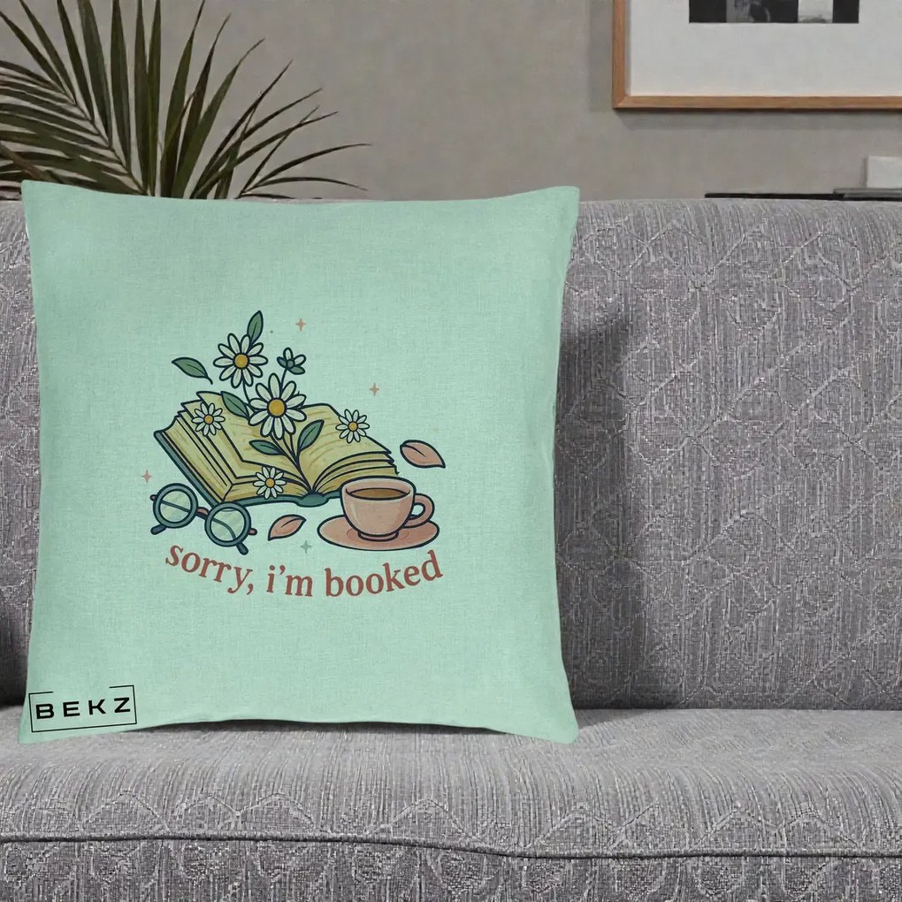 Perna Personalizata Sorry I'm Booked Carti Flori, 40x40 cm, Verde Menta, Husa Detasabila, Perna Inclusa, BEKZ®