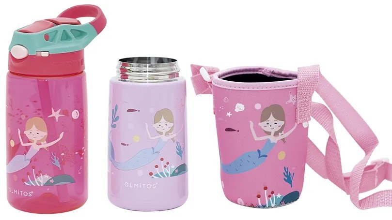 Set 3 in 1 recipient din tritan cu pai 500 ml, termos otel inoxidabil 350 ml, cu capac,maner, husa neopren si bretea transport Olmitos Mermaid