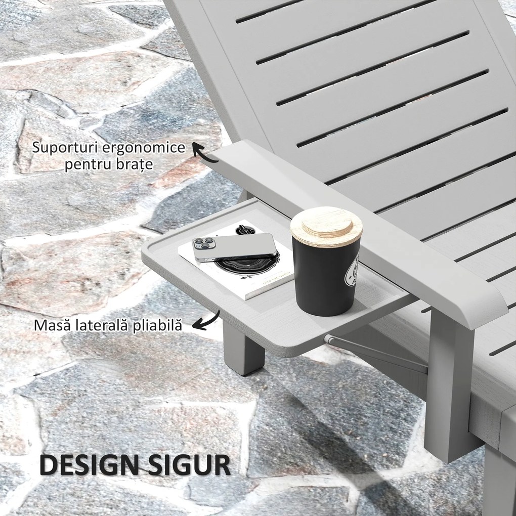 Outsunny Set 2 Șezlonguri cu Spătar Reglabil în 5 Poziții, Măsuță și Brațe Ergonomice, 79x158x88 cm, Gri | Aosom Romania